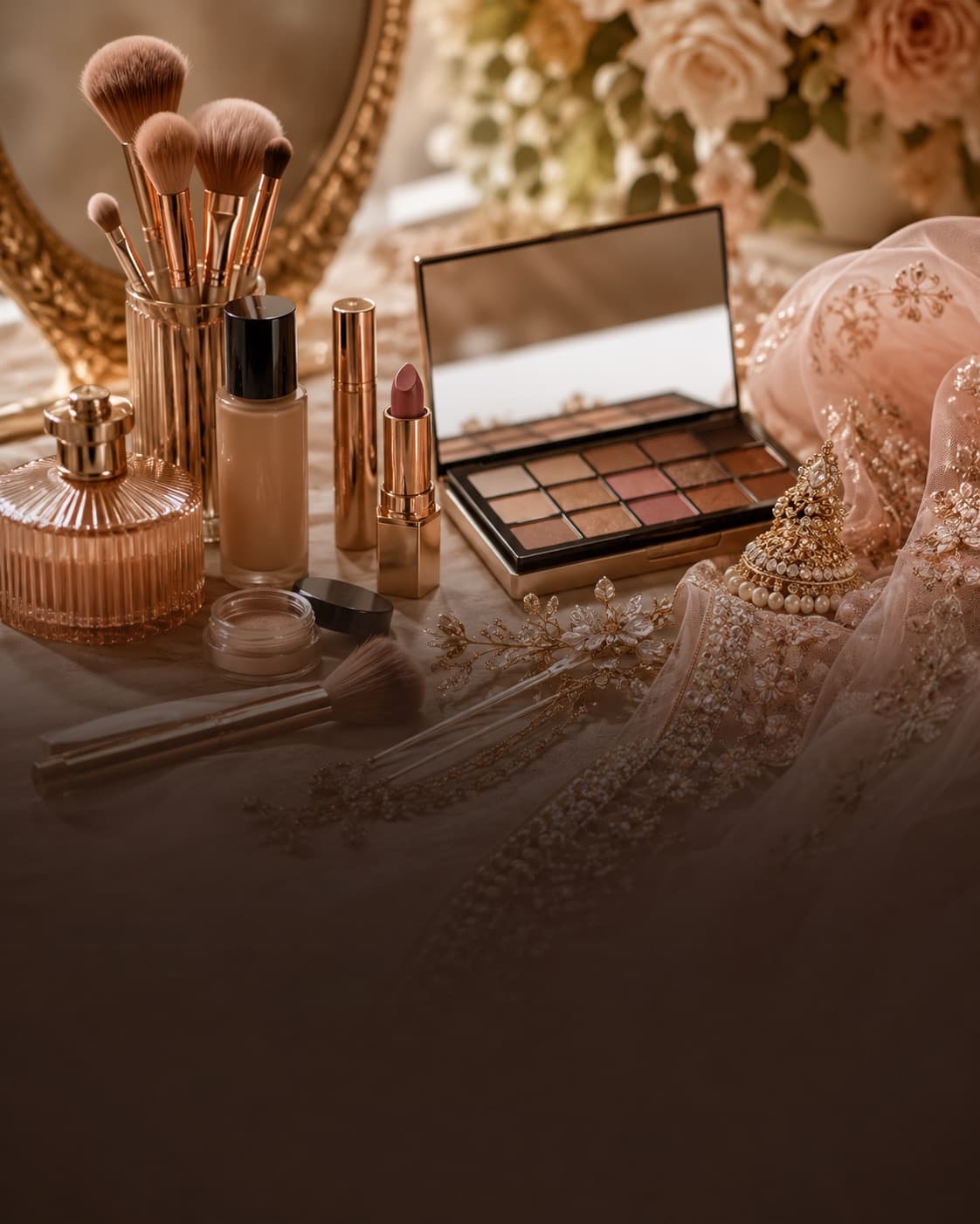 Makeup artist arranging professional beauty products