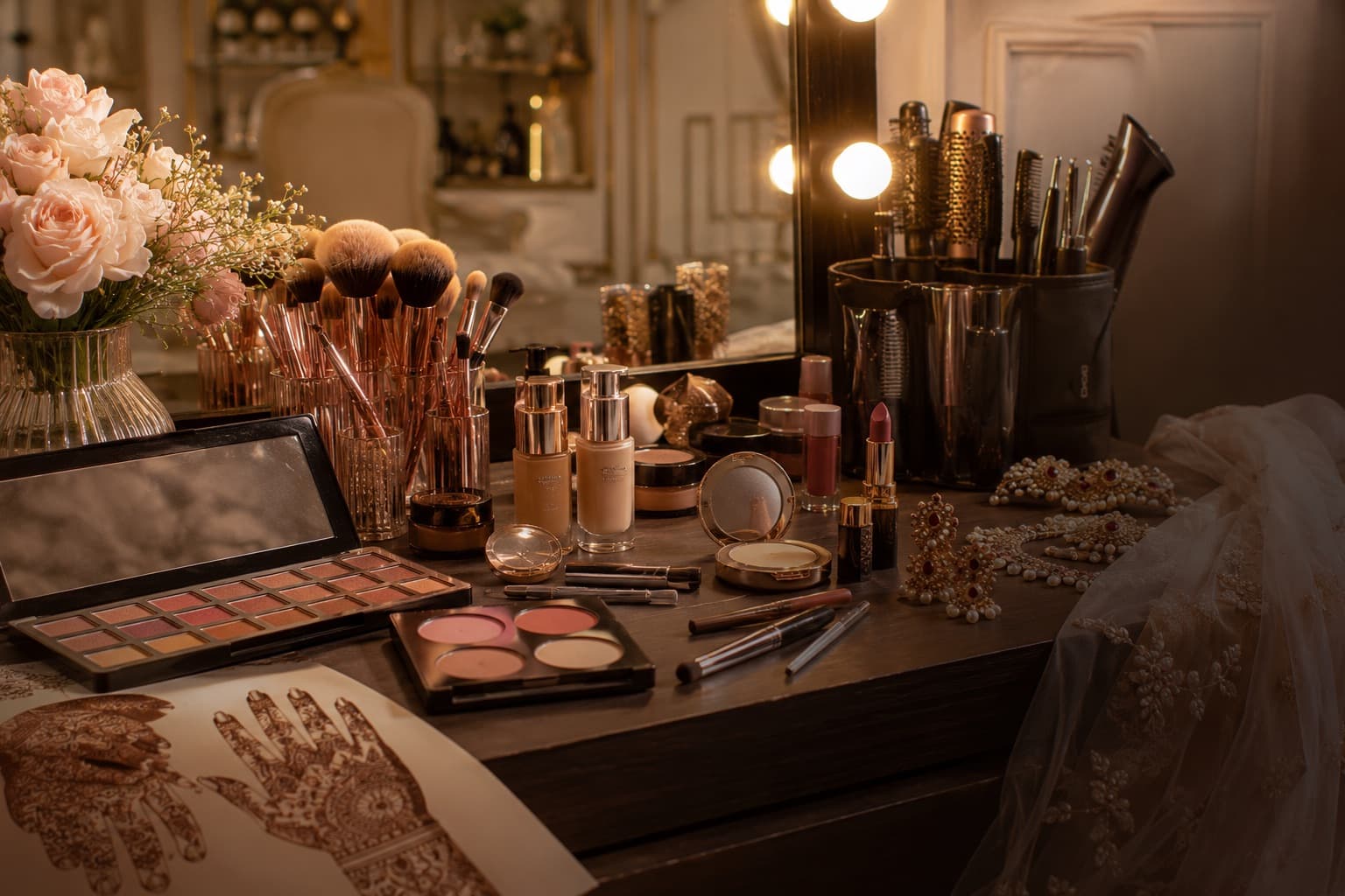Professional makeup products arranged for beauty service
